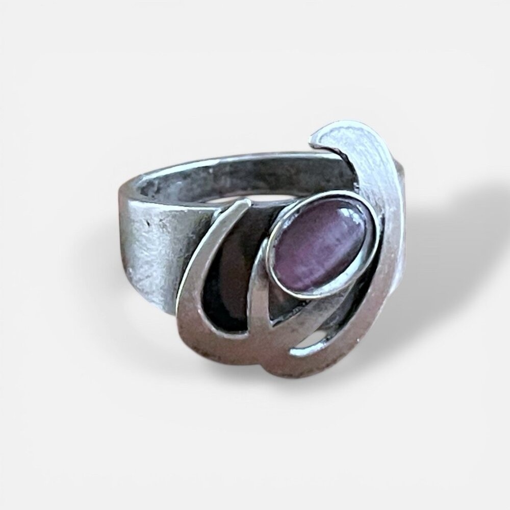 Vintage Christophe Poly Modernist Ring 8 1/4 Purple Glass Cabochon Silver Tone
